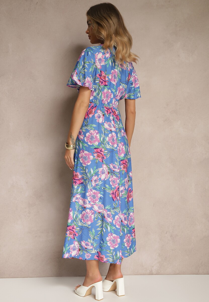 Niebieska Wiskozowa Sukienka w Kwiaty z Rozcięciami i Węzłem Efria