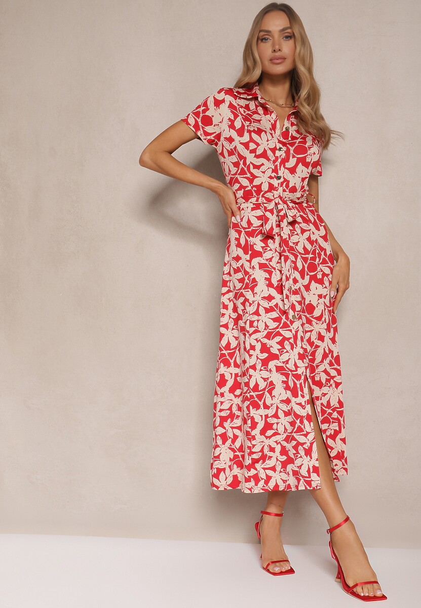 Czerwona Kwiecista Sukienka z Wiskozą o Koszulowym Kroju z Wiązanym Paskiem Zeranella