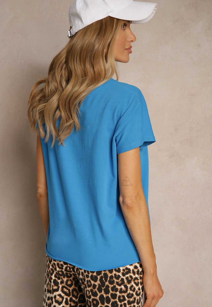 Jasnoniebieski Bawełniany T-shirt Wiązany u Dołu Sunalina