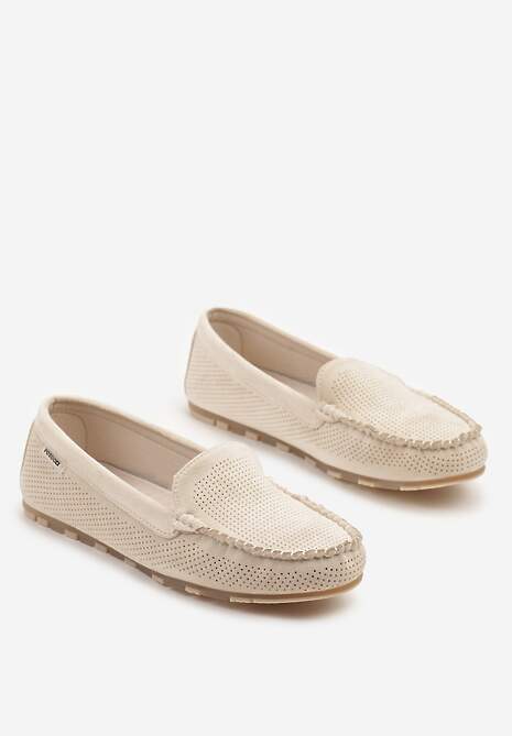Beżowe Mokasyny z Wkładką ze Skóry Naturalnej i Ozdobnymi Przeszyciami Tereldi