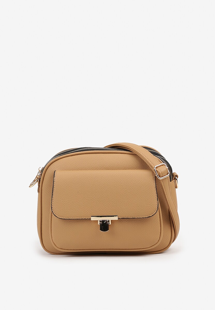 Beżowa  Torebka Listonoszka Trzykomorowa z Ozdobną Klapą Nanitiela