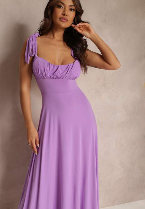 Fioletowa Długa Sukienka z Marszczonym Dekoltem i Wiązanymi Ramiączkami Rozvita