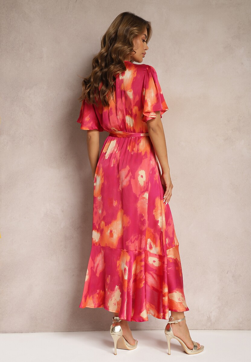 Fuksjowo-Pomarańczowa Kopertowa Sukienka z Gumką w Talii Wiązana Materiałowym Paskiem Vikisana