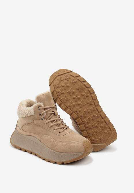 Jasnobrązowe Sneakersy Śniegowce  Vices na Platformie Ozdobione Napisem i Futerkiem Lanite