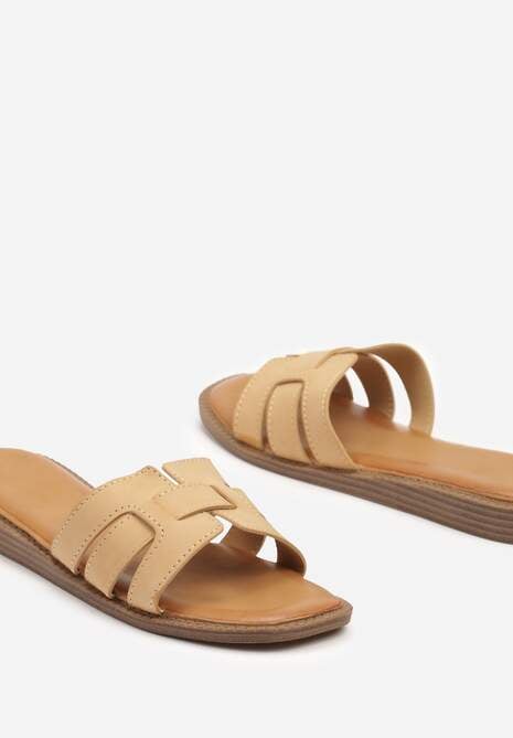 Beżowe Płaskie Klapki z Ozdobnymi Paskami Tandeoris