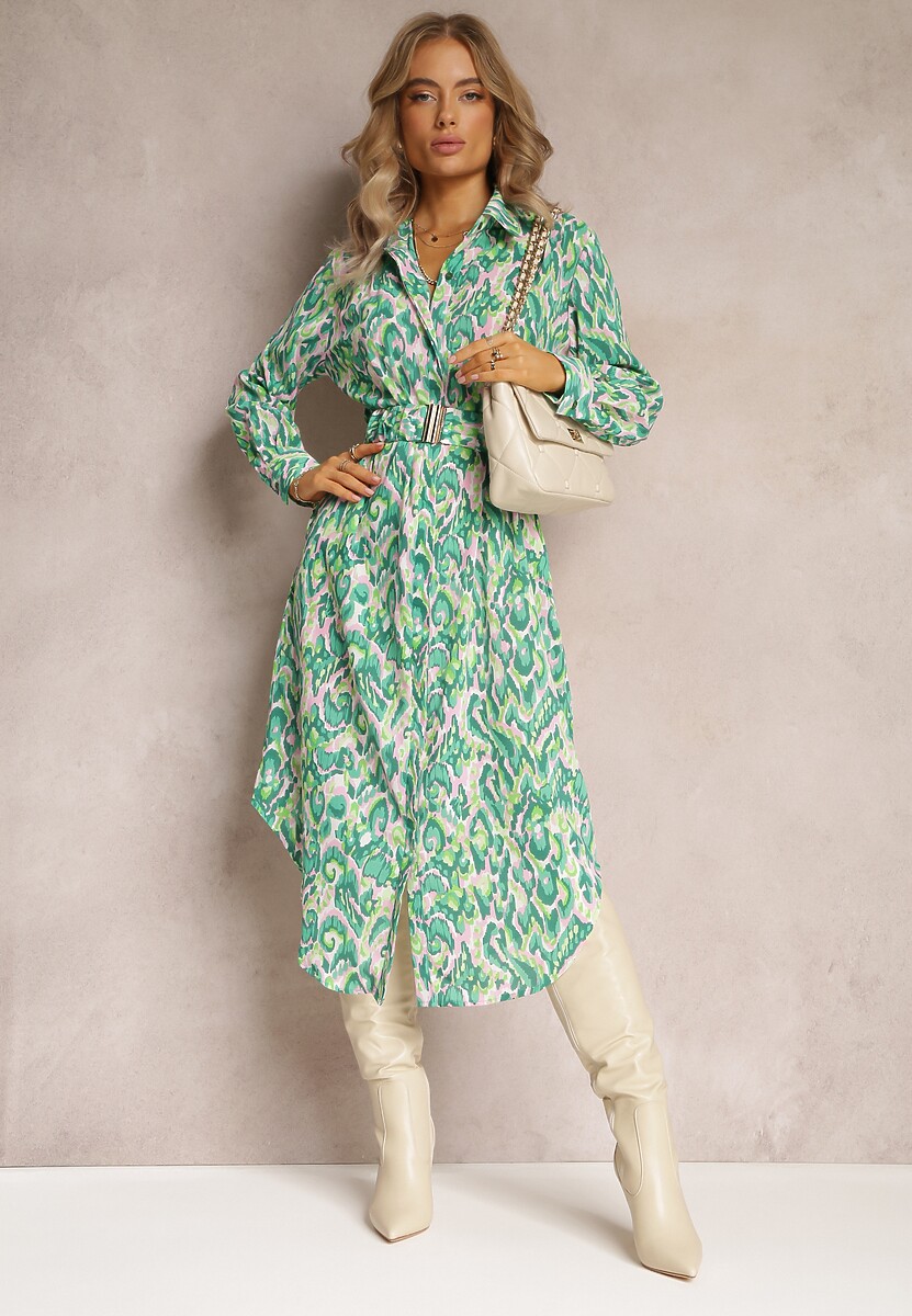 Zielona Wzorzysta Sukienka z Kołnierzykiem i Dodatkowym Paskiem Verenice