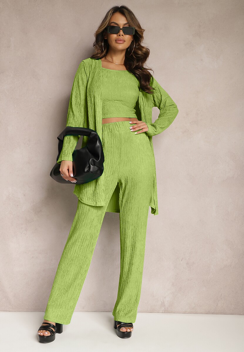 Jasnozielony Komplet z Ozdobnym Prążkowaniem z Koszulą z Topem i Spodniami Raliva