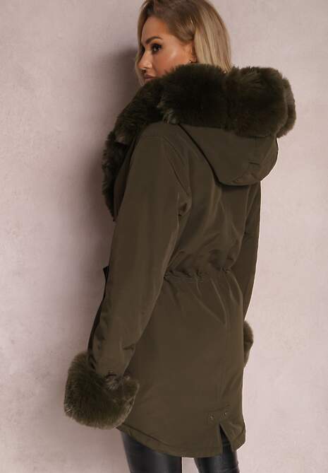 Ciemnozielona Kurtka Parka ze Ściągaczem i Kapturem z Futerkiem Bellad
