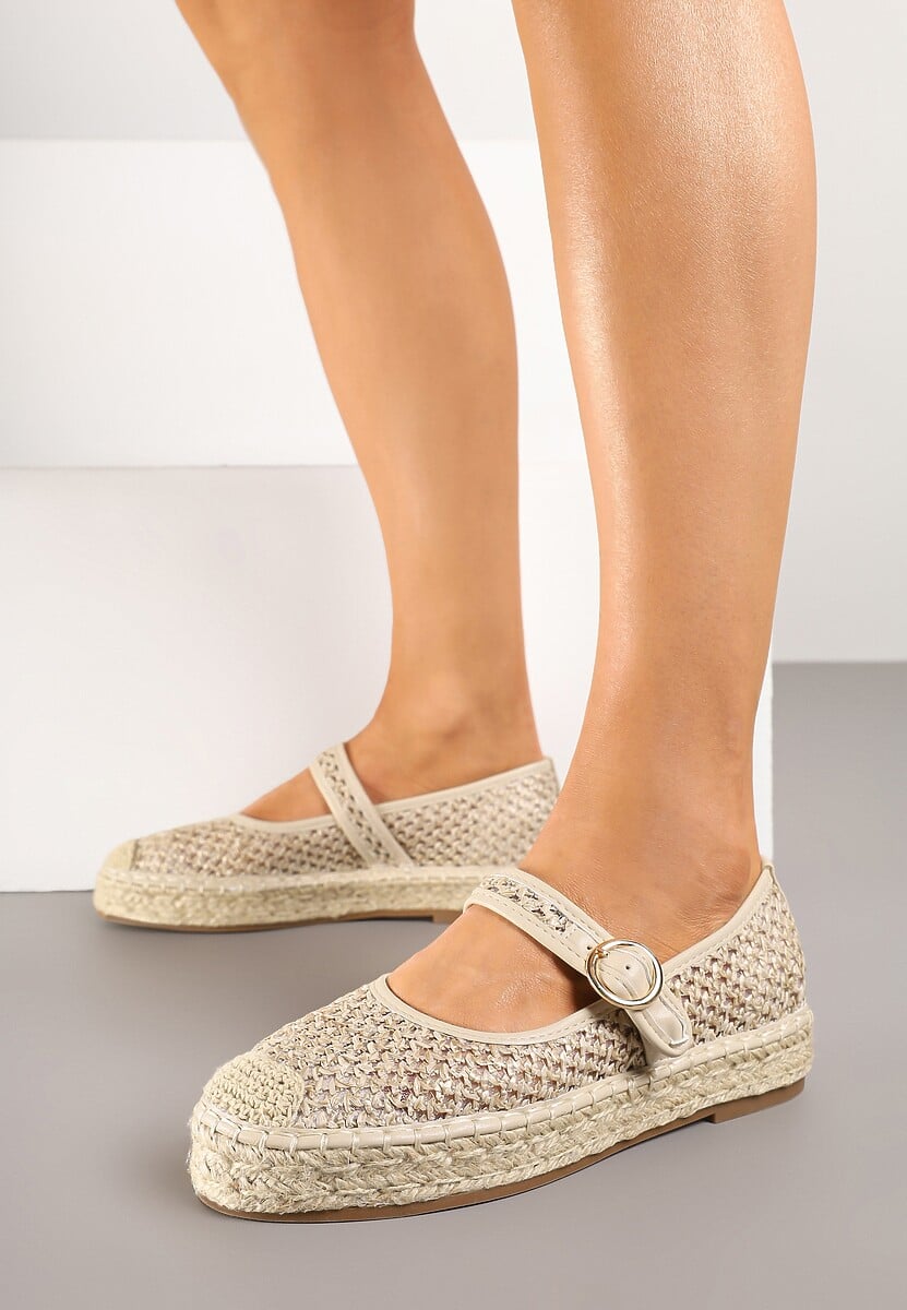 Beżowe Espadryle z Plecionki z Ozdobnym Noskiem Sprzączką i Wkładką ze Skóry Eranwena