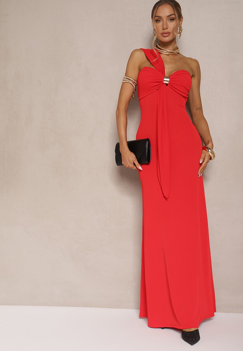 Czerwona Asymetryczna Sukienka Koktajlowa Ozdobiona Metaliczną Aplikacją Divianis