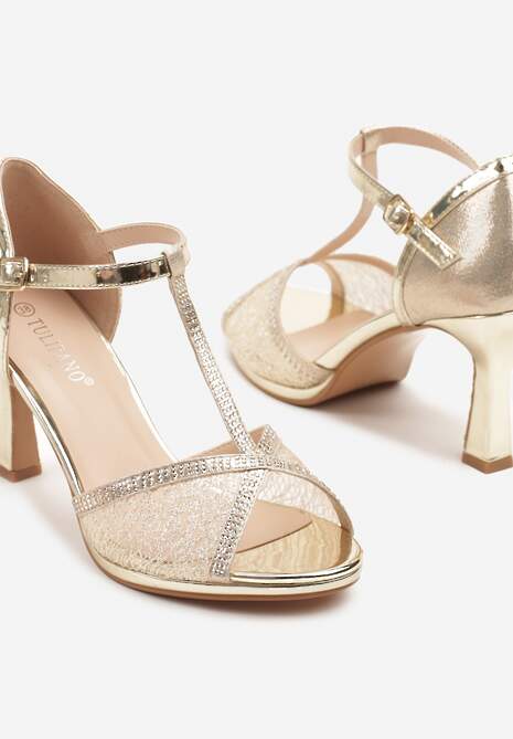 Złote Brokatowe Sandały z Cyrkoniami na Obcasie Typu Klepsydra Zarineas