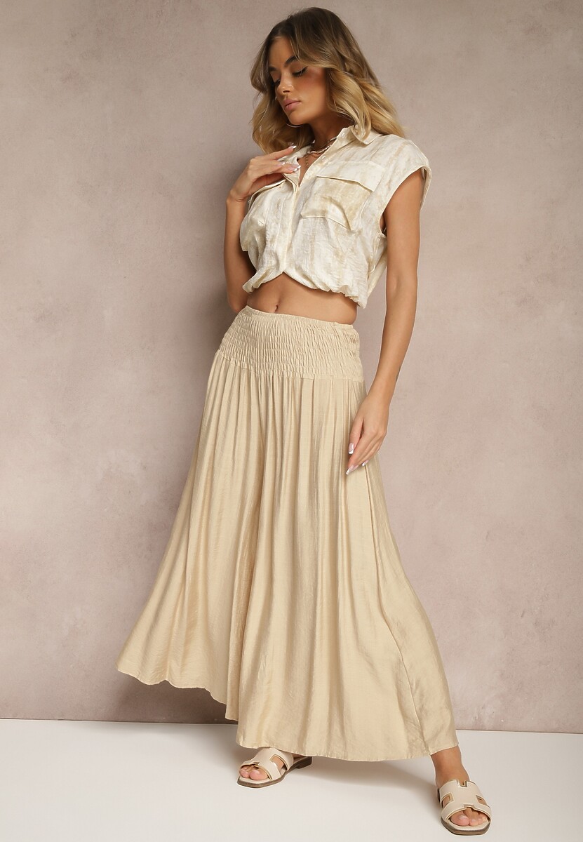 Beżowe Spodnie o Szerokim Kroju Kuloty High Waist o Długości 7/8 Ulanova