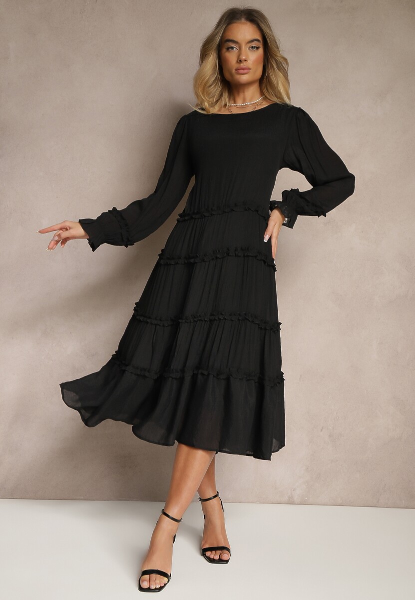 Czarna Bawełniana Sukienka z Ozdobnymi Falbankami Eranisa