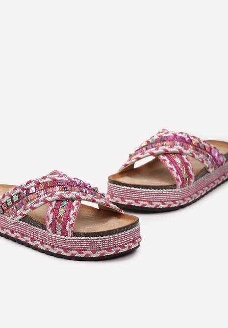 Fuksjowe Klapki Ozdobione Kolorową Nitką Cyrkoniami i Brokatem na Grubej Podeszwie Adanrie