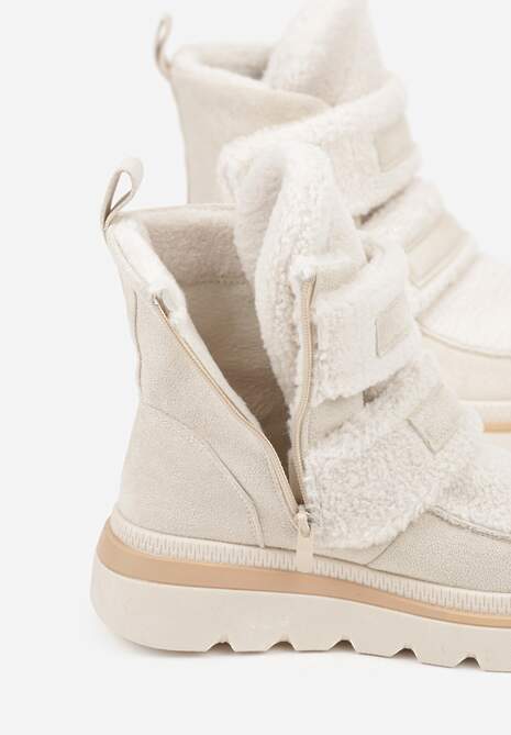 Beżowe Botki Typu Śniegowce na Platformie z Dwoma Ozdobnymi Rzepami Edarlia