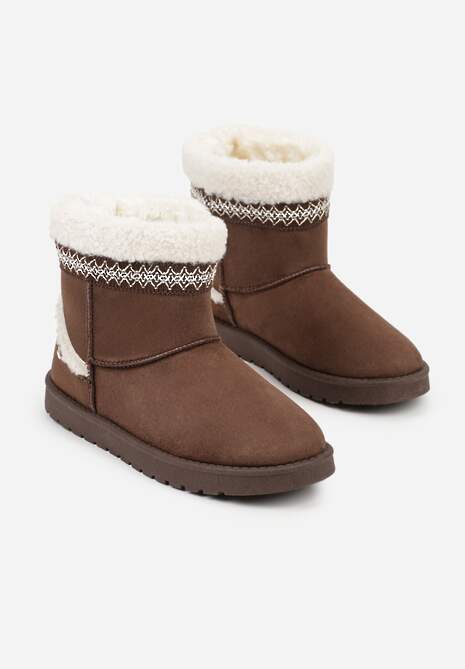 Ciemnobrązowe Śniegowce o Wsuwanym Fasonie z Haftem i Futrem przy Cholewce Mevinadia