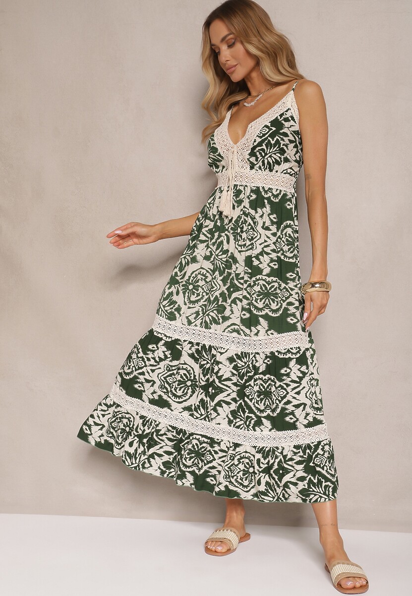 Zielona Sukienka z Bawełny o Rozkloszowanym Kroju w Etniczny Print Taliraya