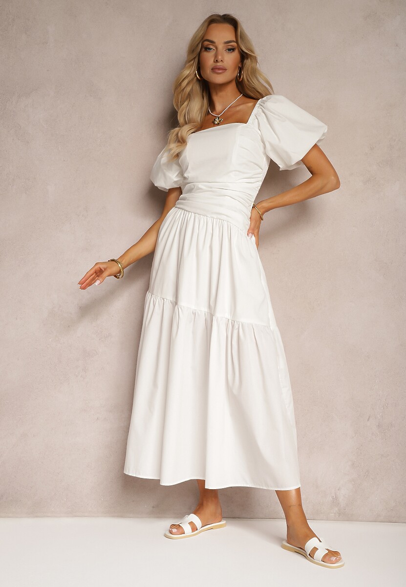 Niebieska Sukienka z Marszczeniem i Wiskozą Ozdobiona Bufiastymi Rękawami i Falbanką Monvia