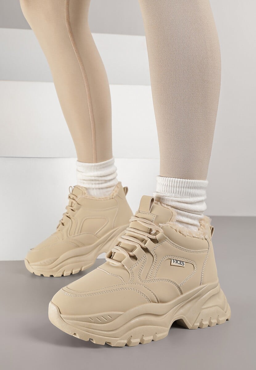 Ciemnobeżowe Streetwearowe Sneakersy Vices Chunky w Stylu Traperów na Platformie Leate