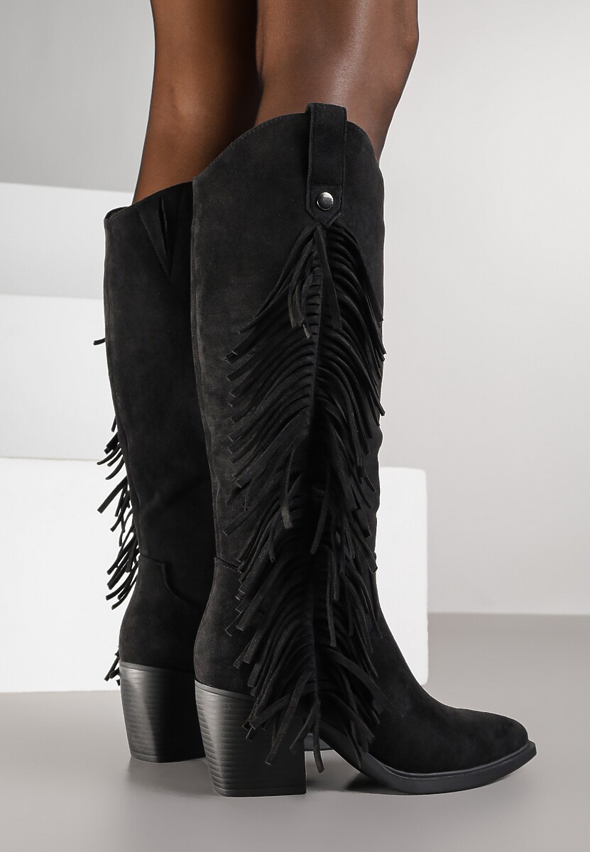 Czarne Kozaki Kowbojki na Stożku Zdobione Frędzlami Nucca