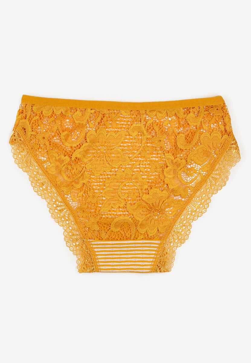 Żółte Majtki Figi Ozdobione Wzorem w Paseczki i Koronką Olibia