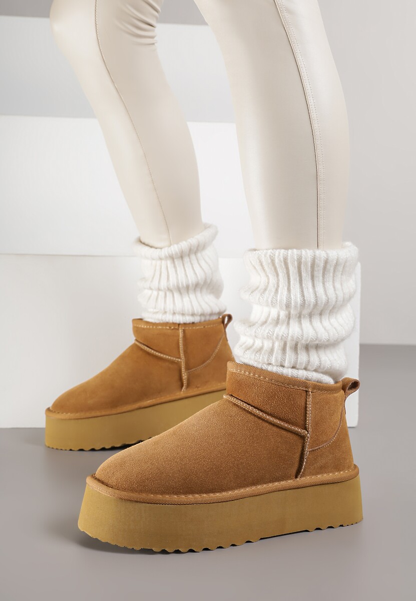 Jasnobrązowe Wsuwane Śniegowce z Zamszu Naturalnego na Grubej Podeszwie Mevilira