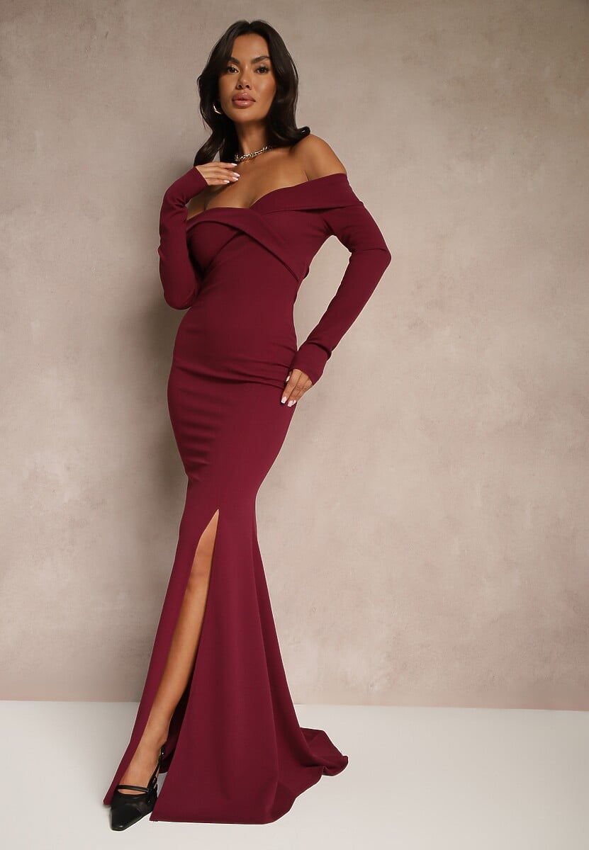 Fioletowa Rozkloszowana Sukienka Hiszpanka o Dopasowanym Kroju z Rozcięciem Tamirell