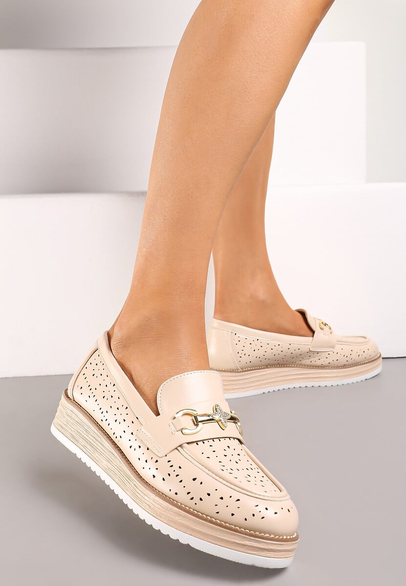 Beżowe Półbuty w Stylu Mokasynów na Grubej Podeszwie z Ażurową Cholewką Illthia