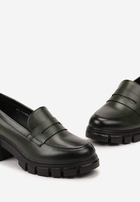 Zielone Półbuty na Słupku z Bieżnikiem ze Skórzaną Wkładką i Przeszyciami Ivirana