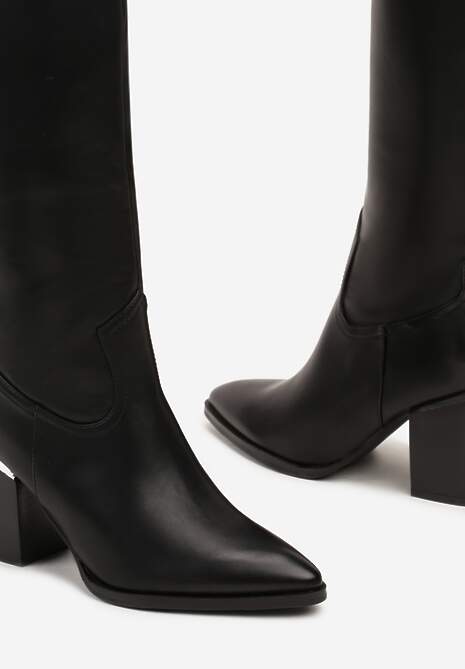 Czarne Kozaki na Słupku Ozdobione Metaliczną Wstawką Serivia