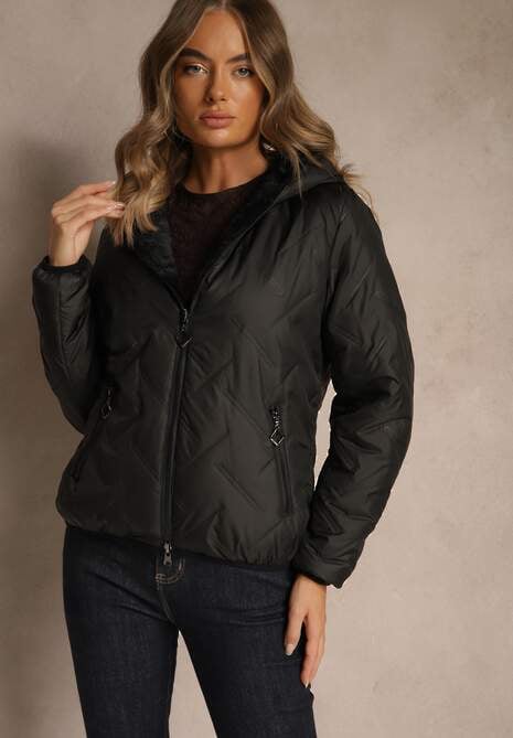 Czarna Dwustronna Kurtka z Pikowanymi Przeszyciami i Kapturem Tianessa
