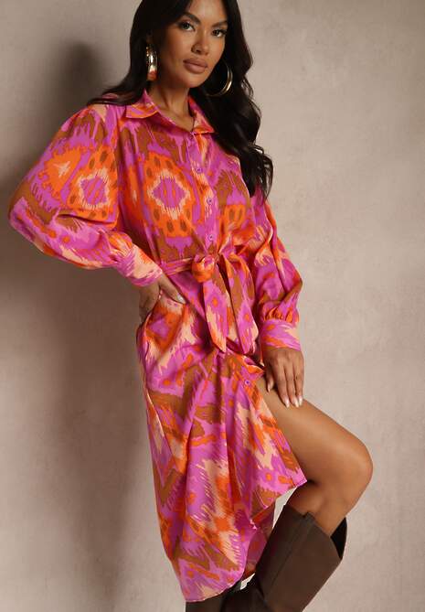 Fuksjowa Sukienka Midi o Koszulowym Fasonie Ozdobionym Wzorem w Stylu Etno Thailven