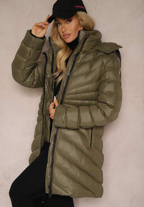 Ciemnozielona Zimowa Kurtka z Ukośnym Pikowaniem i Nieodpinanym Kapturem Siaritha