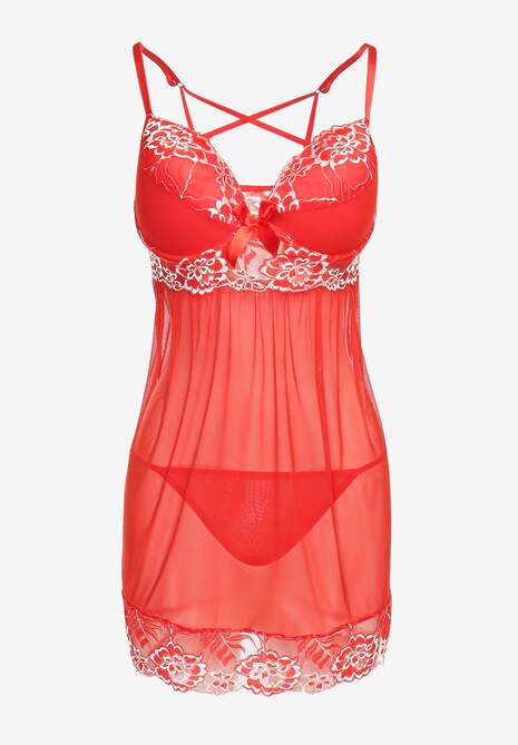 Czerwona Koszula Nocna z Ozdobną Koronką i Stringami Ruscus