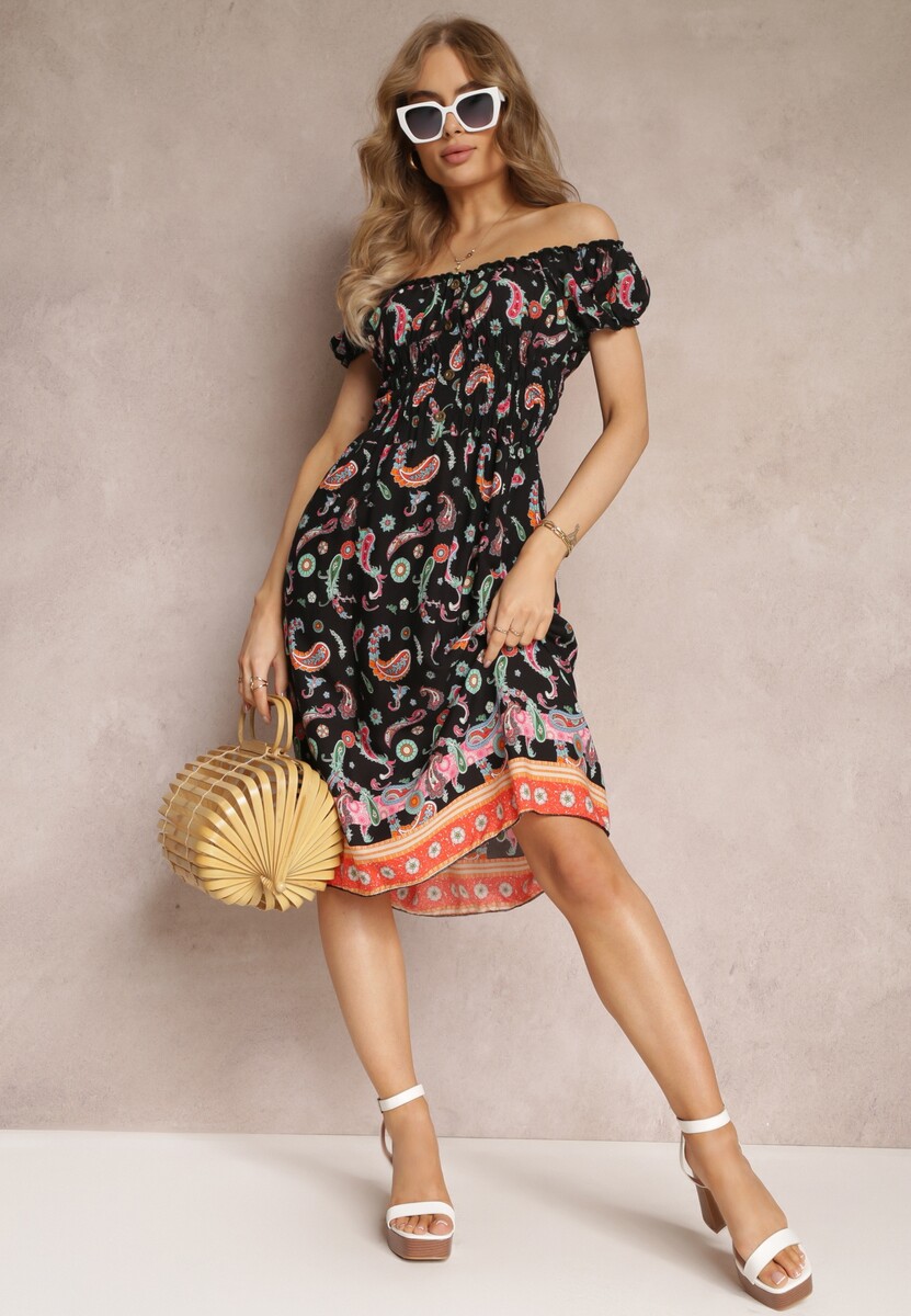 Czarna Bawełniana Sukienka Hiszpanka z Gumką w Pasie i Wzorem Paisley Maggies
