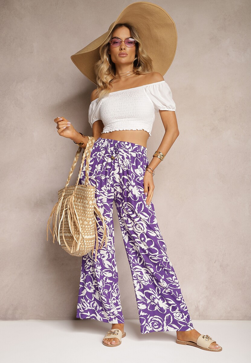 Fioletowe Spodnie High Waist z Wiskozy w Kwiaty z Szerokimi Nogawkami i Gumką w Pasie Gronea