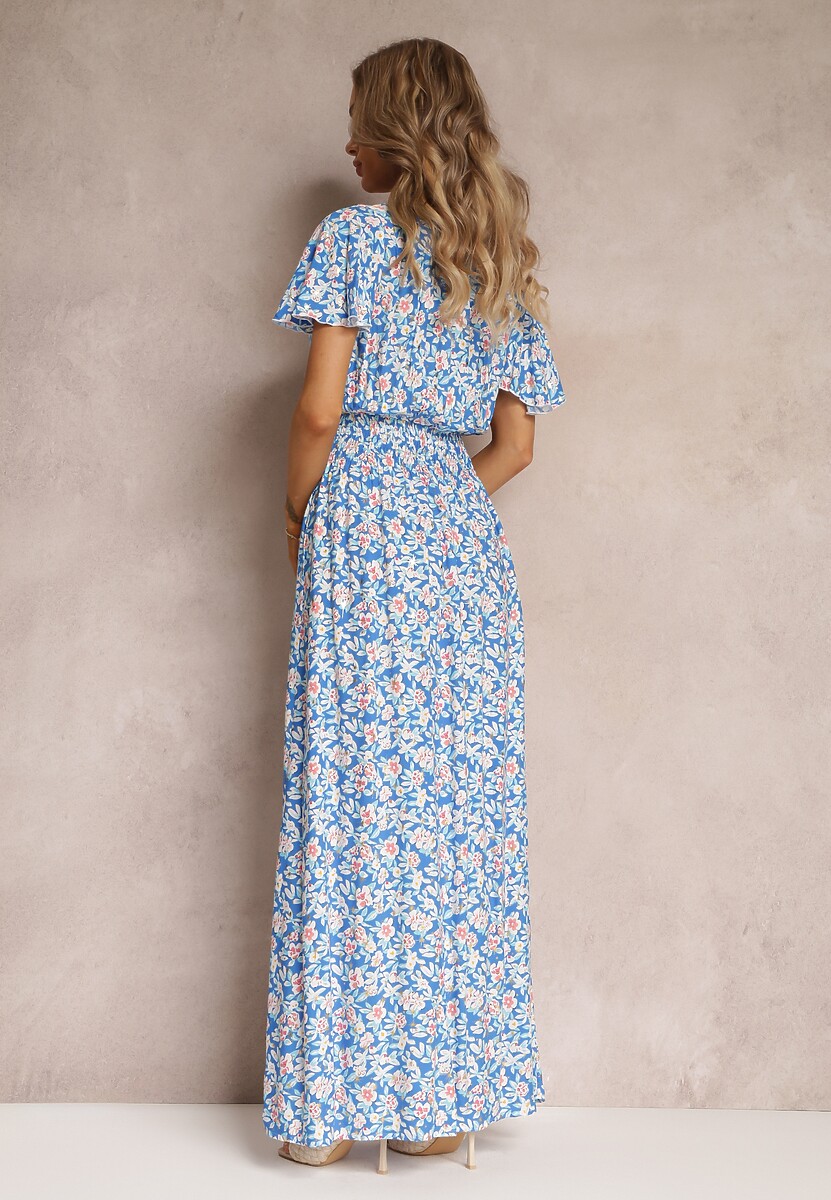 Niebieska Rozkloszowana Sukienka z Wiskozy i Modnym Nadrukiem Vildei