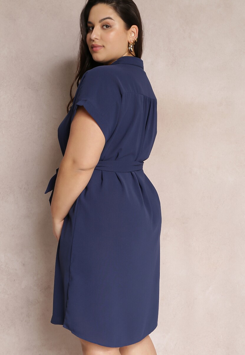 Granatowa Sukienka Koszulowa Wiązana w Pasie z Krótkimi Rękawami Wellwood