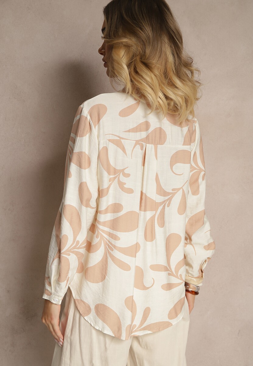 Jasnobeżowa Wiskozowa Bluzka o Koszulowym Kroju z Dekoltem w Serek w Roślinny Print Kolaniria