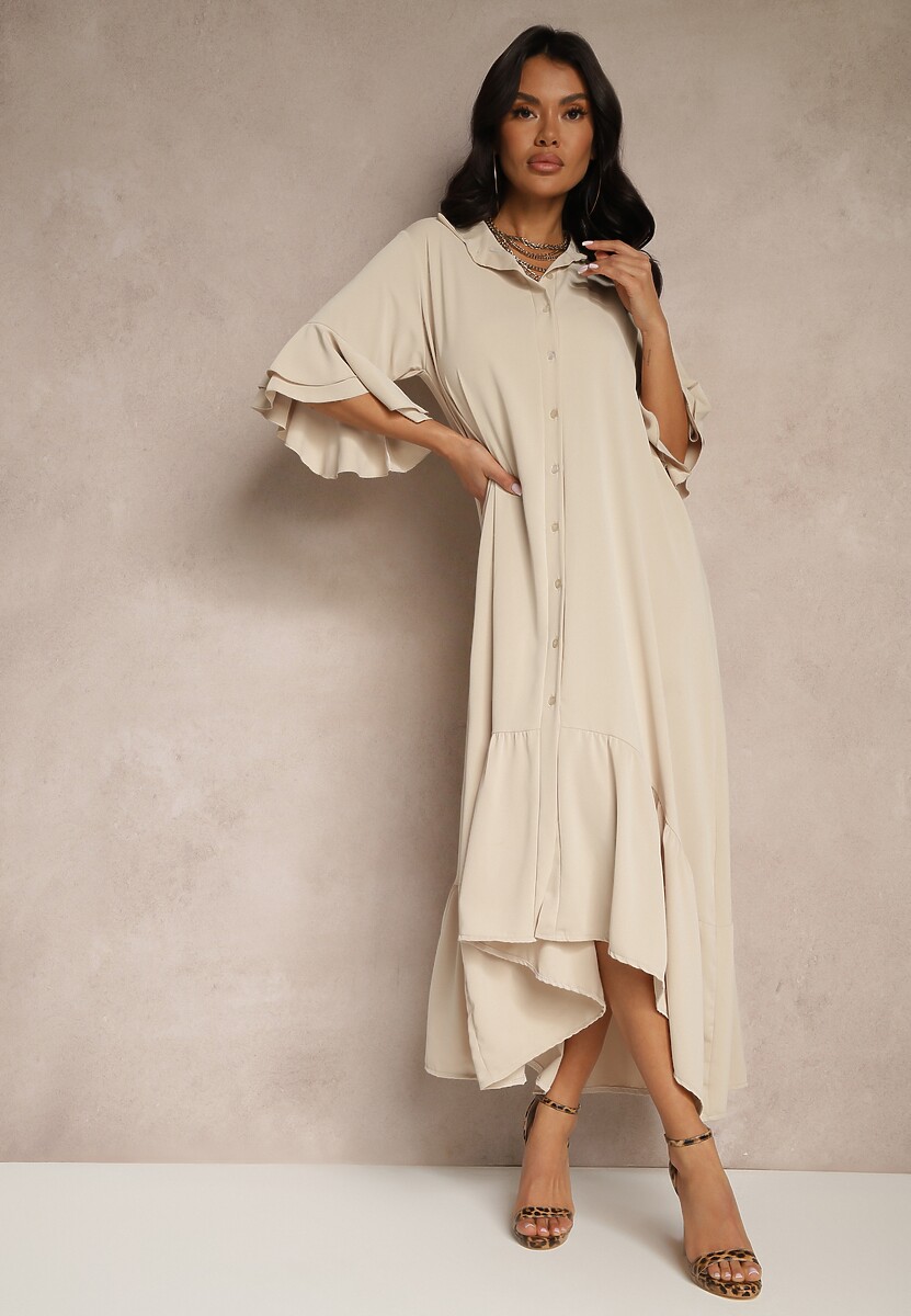 Beżowa Koszulowa Sukienka Ozdobiona Falbanką Ransara