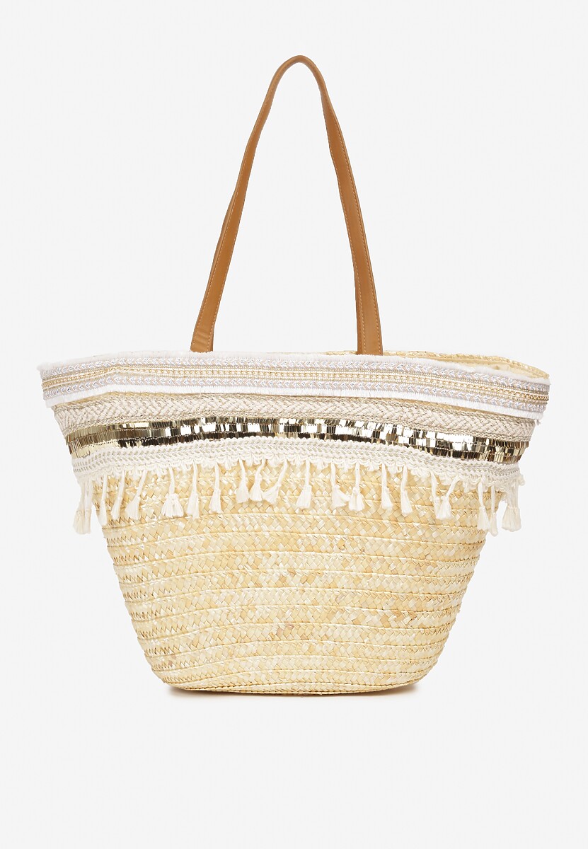 Beżowa Trapezowa Torebka Pleciona z Cekinami i Krótkimi Frędzlami Timaprre