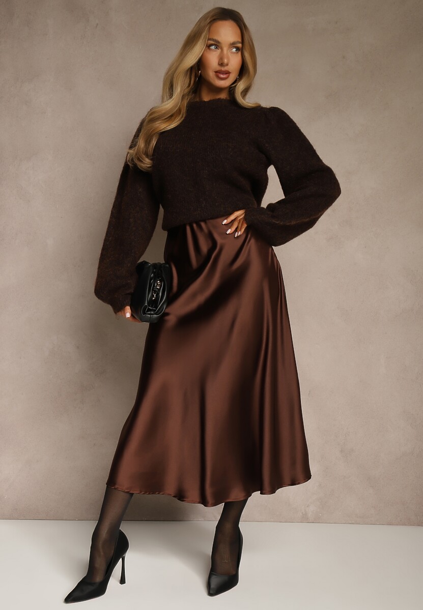 Brązowa Satynowa Midi Spódnica Rozkloszowana z Gumką w Pasie i Suwakiem Leose