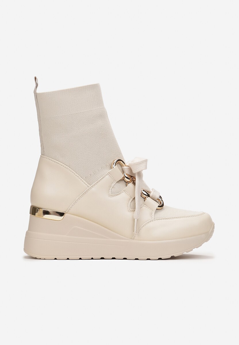 Beżowe Botki na Koturnie z Elastyczną Cholewką Tinesa