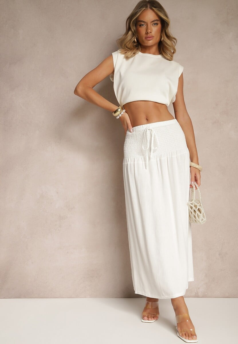 Biała Spódnica z Wiskozą i Lnem High Waist o Rozkloszowanym Kroju Lumerellea