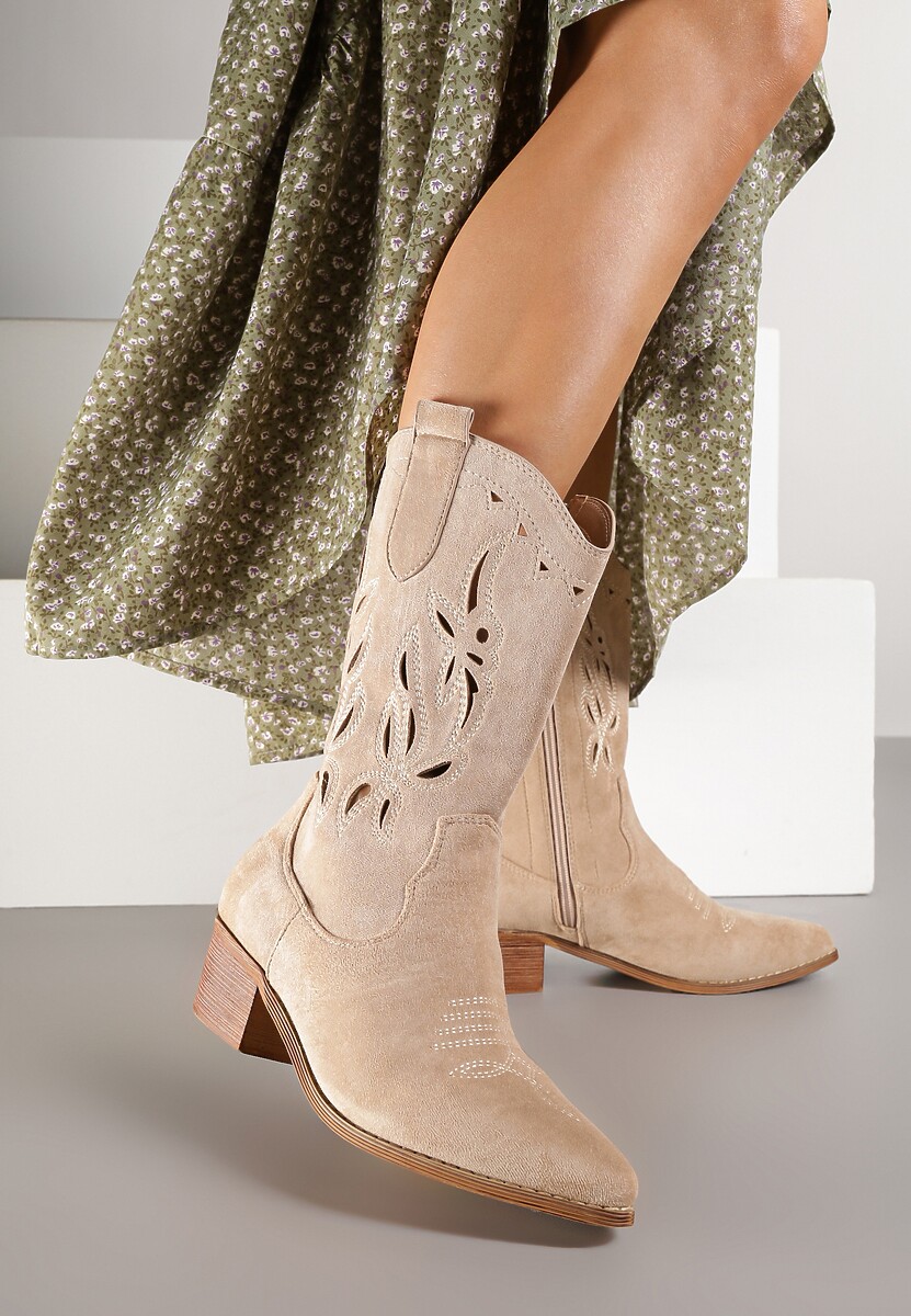 Beżowe Botki Vices na Słupku Kowbojki z Ażurową Cholewką Rivori