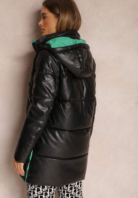 Czarno-Zielona Kurtka Pikowana z Imitacji Skóry Helle