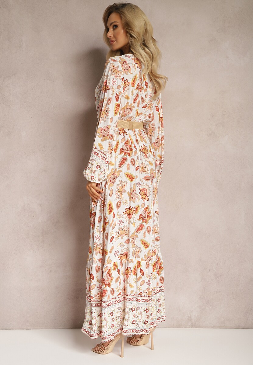 Biało-Beżowa Sukienka Rozkloszowana z Paskiem Verintius