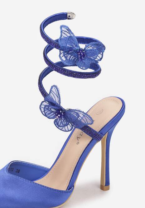 Niebieskie Sandały na Szpilce z Cyrkoniami i Motylkami Eevi