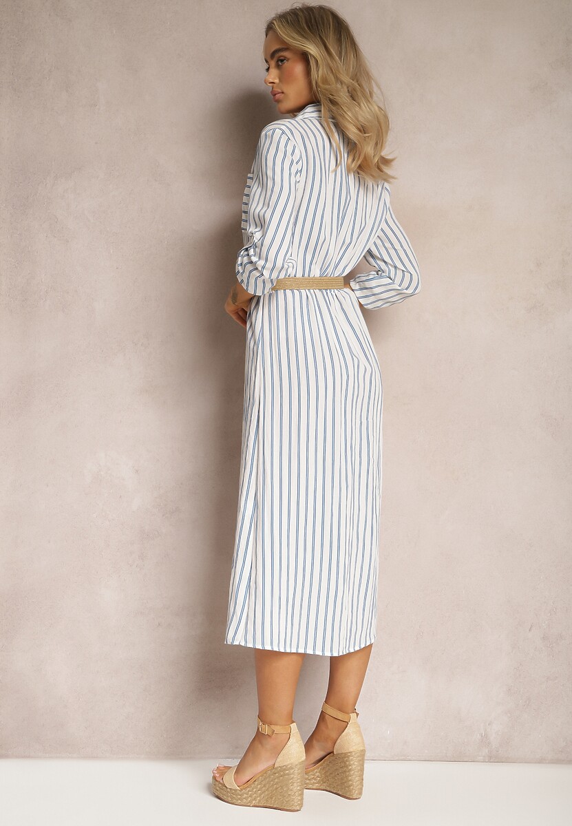 Biało-Niebieska Koszulowa Sukienka Midi w Paski z Lnem i Jasnym Plecionym Paskiem Efordia