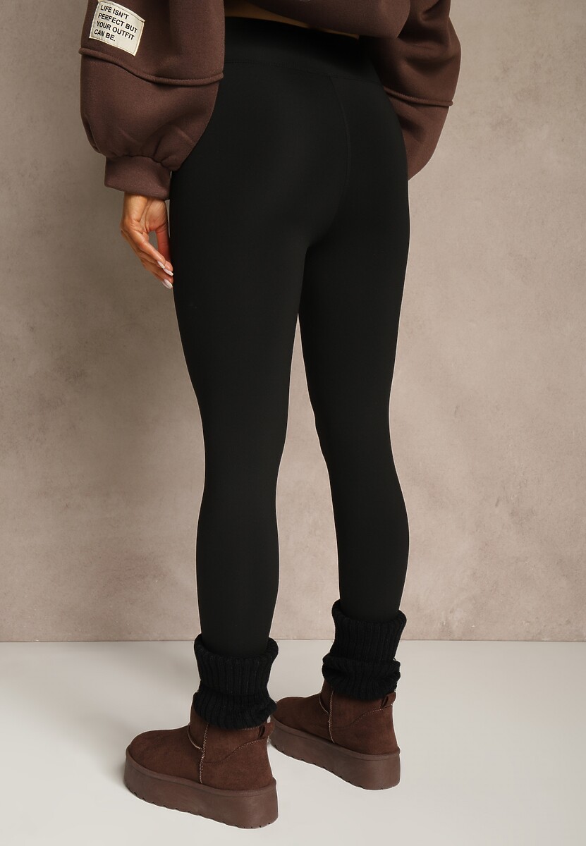 Czarne Klasyczne Legginsy High Waist z Zapiętkami i Ociepleniem Serafeia